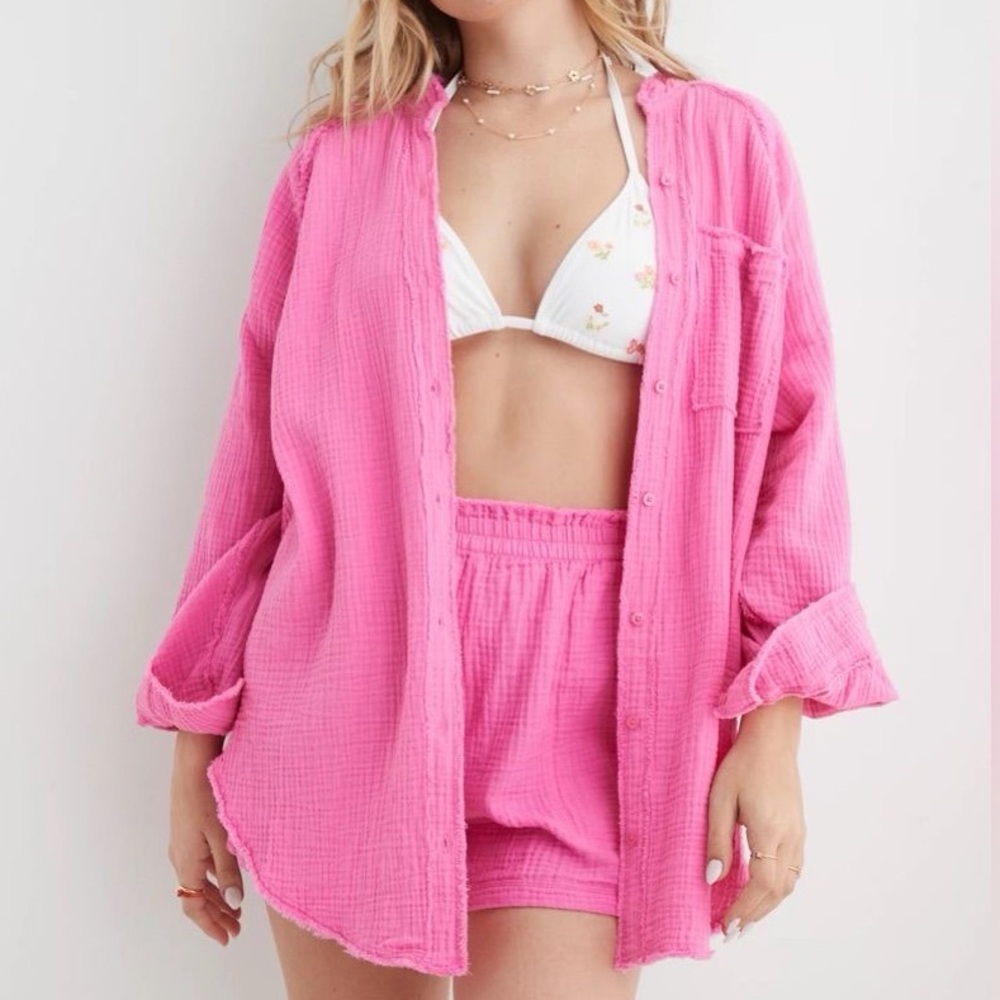 NWT Aerie Pool to Party Pink Swim Cover Up Cotton Gauze Long Sleeve Shirt XXL